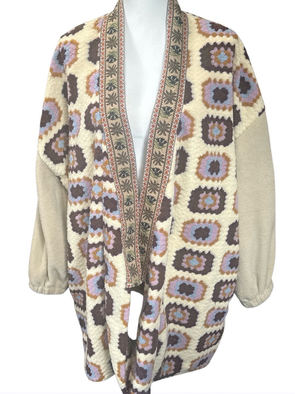 POL Cream Patterned Open-Front Cardigan with Brown and Light Purple Accents